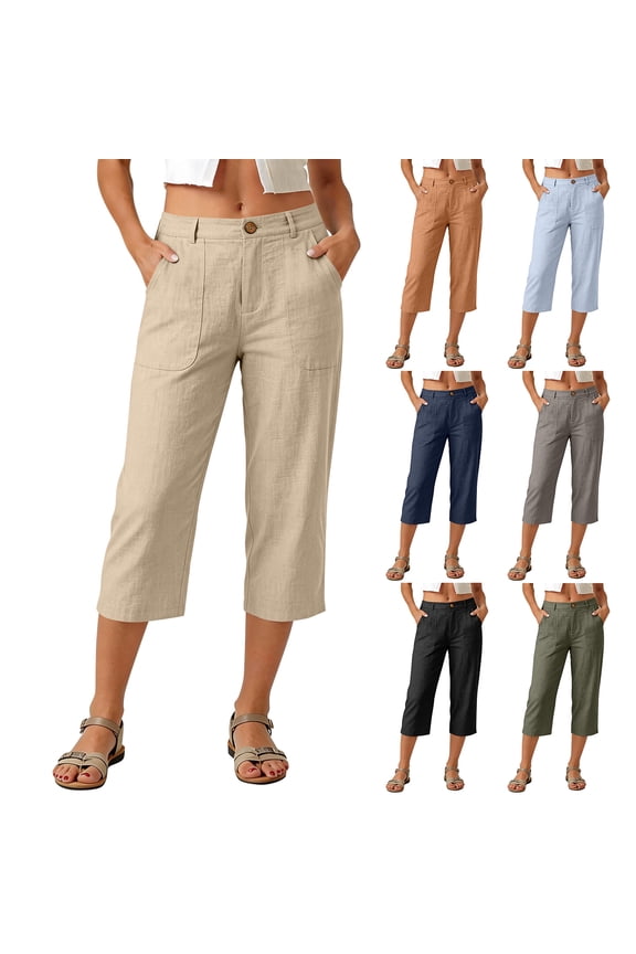 Womens Linen Blend Capris, Button Fly Solid Color Casual Cropped Pants, Loose Fit 3/4 Length Trousers with Side Pockets for Summer Navy S