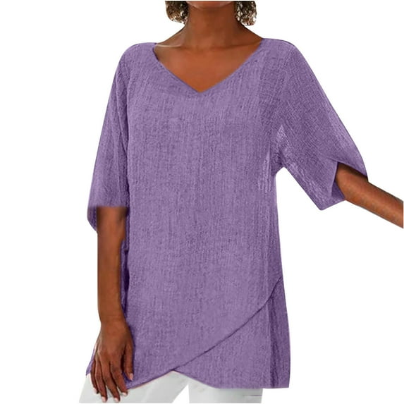 Womens Linen Blend T Shirts Half Sleeve Plus Size Loose Baggy Long Top Summer Casual Irregular Cross Hem Blouses (5X-Large, Purple)