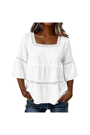 Womens Linen Blouse Square Neck Flared 3/4 Sleeve Tunic Tops Summer Fashion Loose Lace Patchwork Tees (XL, White)