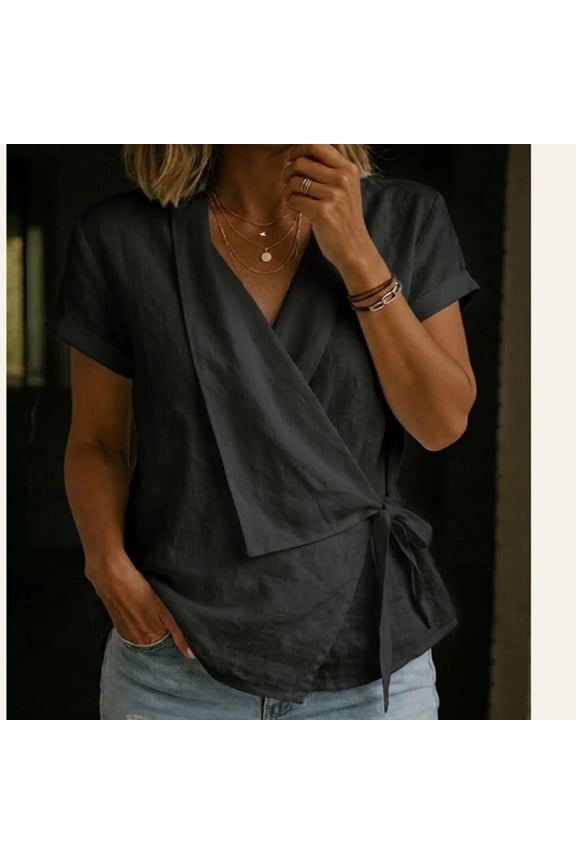 Womens Linen Blouse V Neck Short Sleeve Wrap Tops Casual Front Twist Tie Knot Shirts