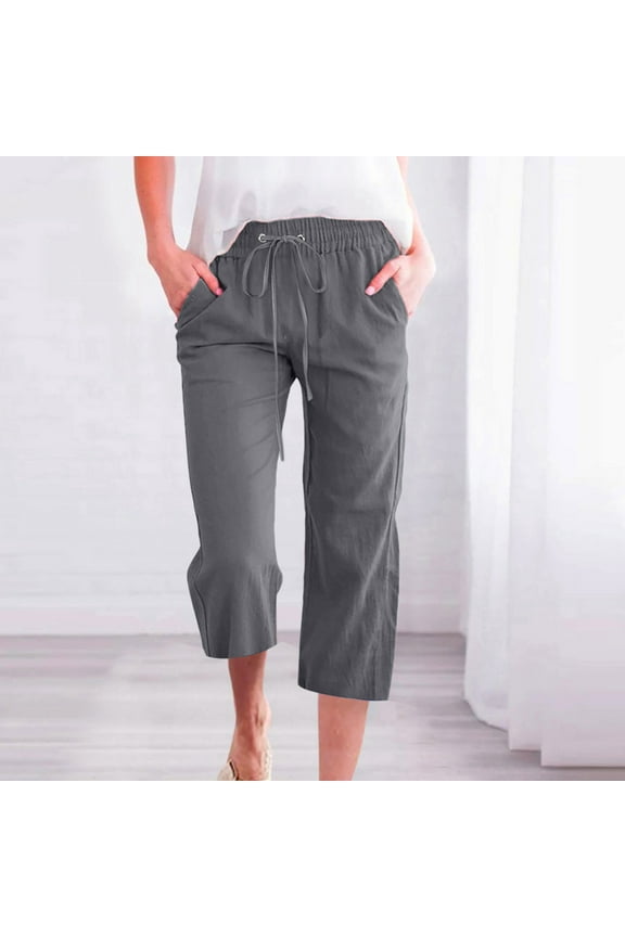 Womens Linen Boho Capris,Capri Pants for Women Casual 2023 Summer Drawstring Elastic High Waist Linen Pant Straight Wide Leg Cropped Trouser
