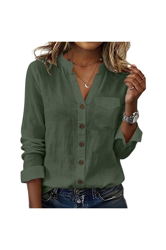 Womens Linen Button Down Long Sleeve Blouses Casual Loose Fit Lapel V Neck Breathable Solid Color Summer Vintage Semi-Casual Daily Tops,Army Green,S
