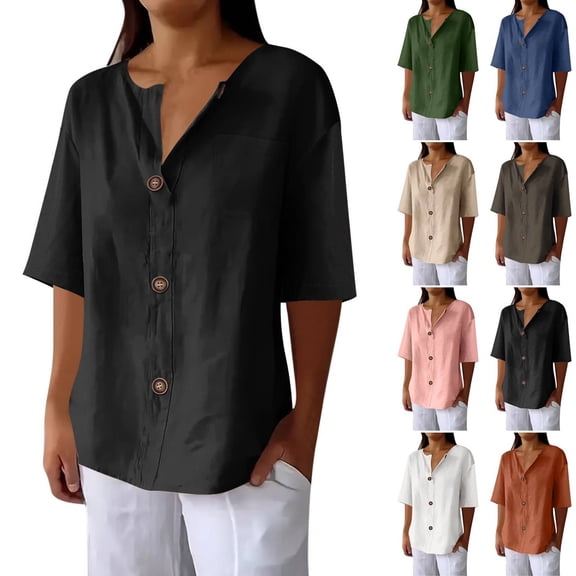 Womens Linen Button Down Shirts Casual Summer Boho V Neck 3/4 Sleeve Solid Loose Fit Tunic Tops Vacation Tee Black 2XL