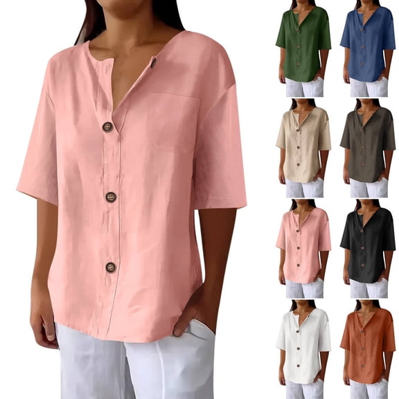 Womens Linen Button Down Shirts Casual Summer Boho V Neck 3/4 Sleeve Solid Loose Fit Tunic Tops Vacation Tee Pink M