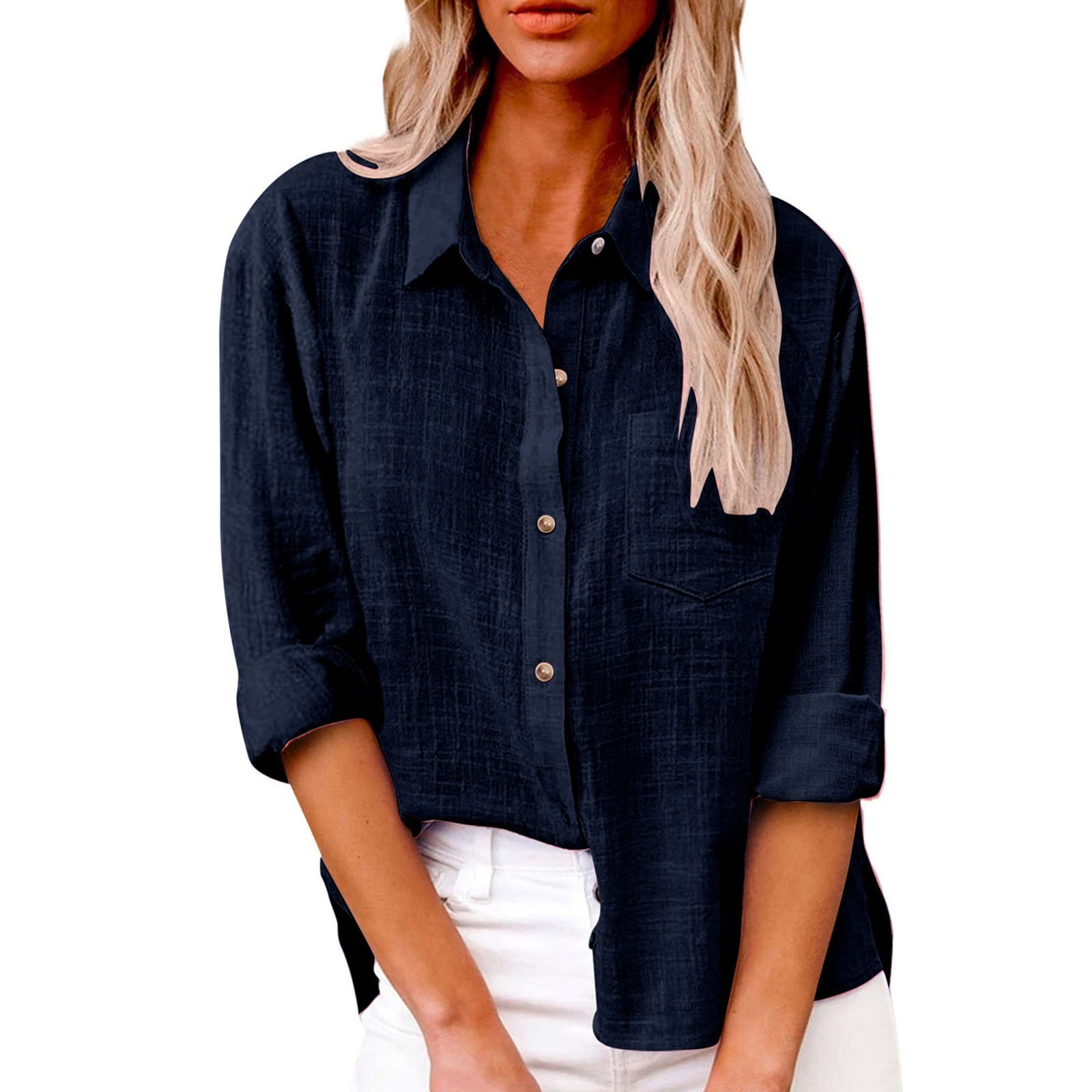 Womens Linen Button Down Shirts Long Sleeve Lapel Collared Lightweight ...