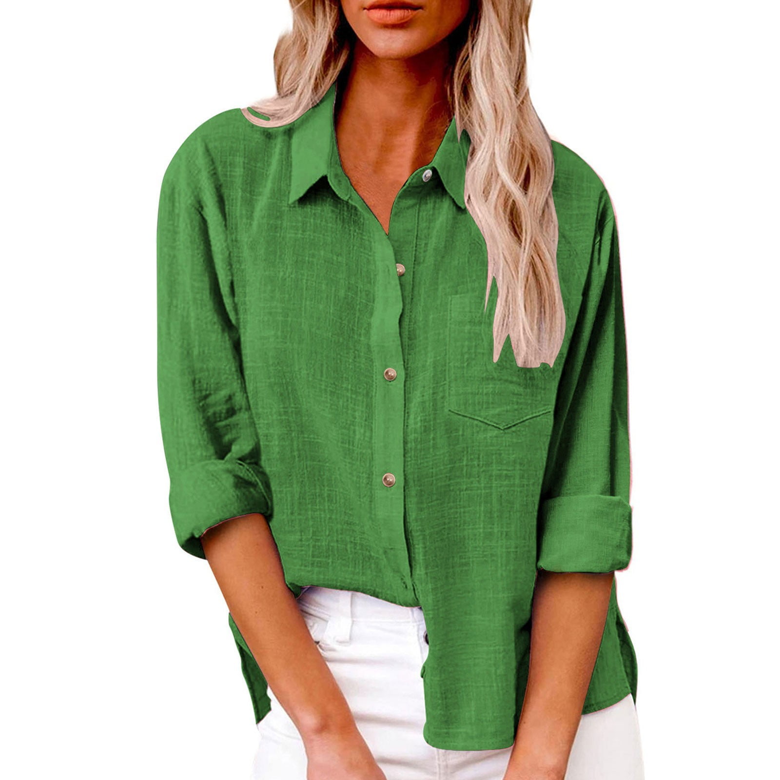 Womens Linen Button Down Shirts Long Sleeve Lapel Collared Lightweight ...