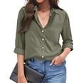 thumbnail image 1 of Womens Linen Button Down Shirts Loose Fit Long Sleeve Collared Blouse Casual V Neck Tops Outfits Army Green 2XL, 1 of 5