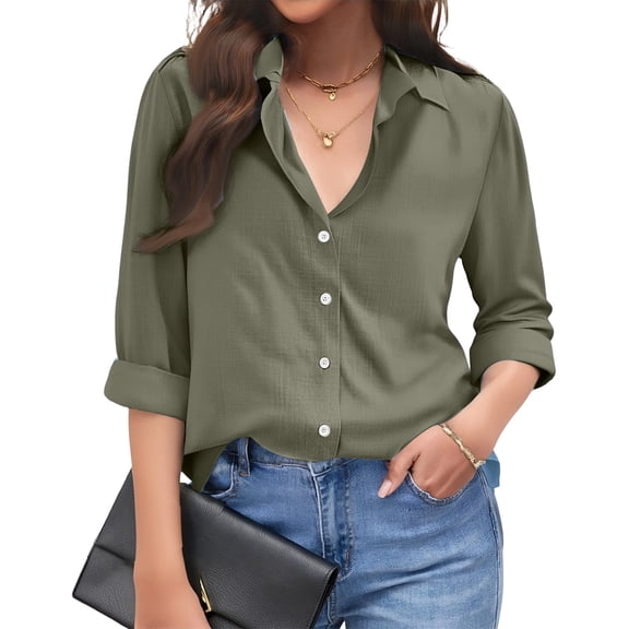 Womens Linen Button Down Shirts Loose Fit Long Sleeve Collared Blouse Casual V Neck Tops Outfits Army Green L
