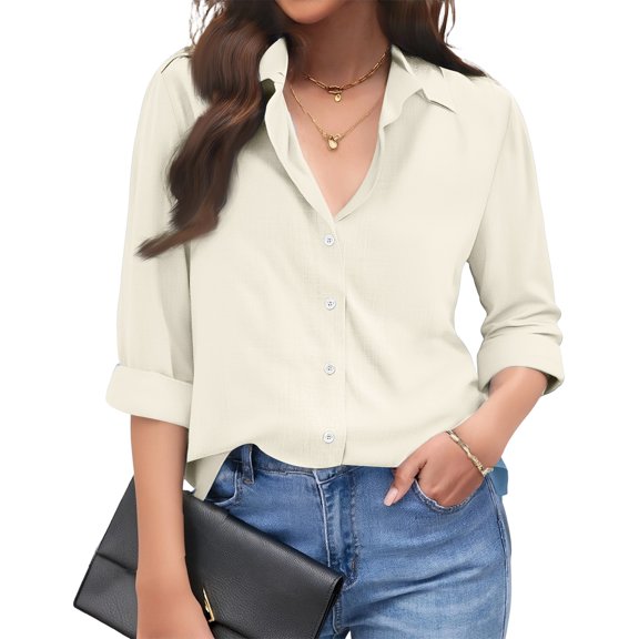 Womens Linen Button Down Shirts Loose Fit Long Sleeve Collared Blouse Casual V Neck Tops Outfits Beige S