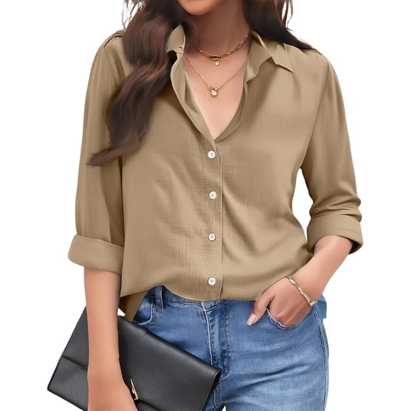 Womens Linen Button Down Shirts Loose Fit Long Sleeve Collared Blouse Casual V Neck Tops Outfits Brown 2XL
