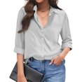 thumbnail image 1 of Womens Linen Button Down Shirts Loose Fit Long Sleeve Collared Blouse Casual V Neck Tops Outfits Gray 2XL, 1 of 5
