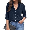 thumbnail image 1 of Womens Linen Button Down Shirts Loose Fit Long Sleeve Collared Blouse Casual V Neck Tops Outfits Navy S, 1 of 5