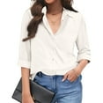 thumbnail image 1 of Womens Linen Button Down Shirts Loose Fit Long Sleeve Collared Blouse Casual V Neck Tops Outfits White L, 1 of 5