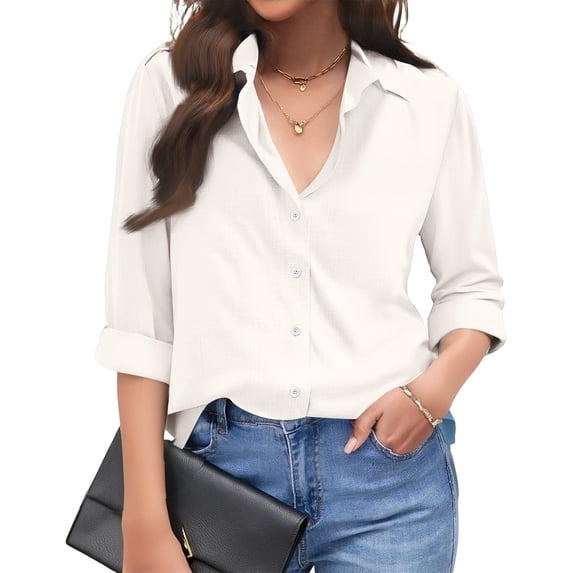 Womens Linen Button Down Shirts Loose Fit Long Sleeve Collared Blouse Casual V Neck Tops Outfits White L