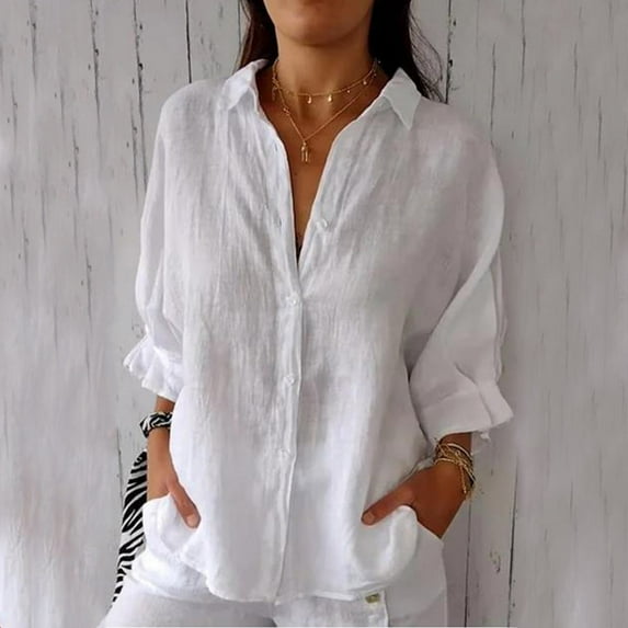 Womens Linen Button Down Shirts Trendy Solid Casual Cotton And Linen Tie Back Loose Fit T Shirt White S