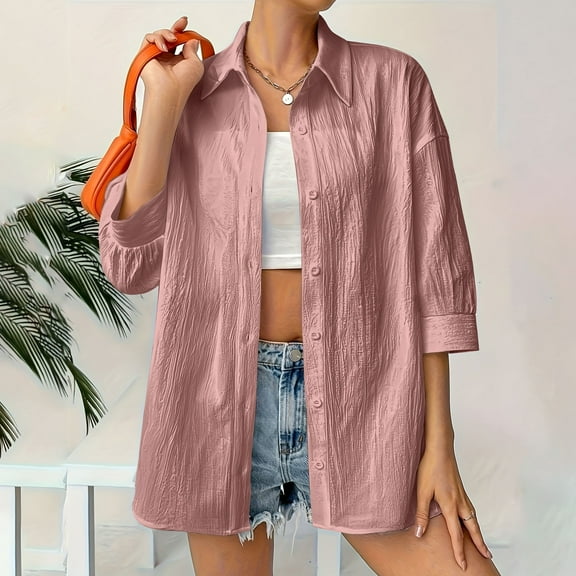 Womens Linen Button Down Shirts Casual Half Sleeve Turndown Collar Blouses Fall Solid Color Basic Beach Cardigans Top Comfortable Cotton Linen Shirt #01 Pink M