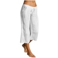 thumbnail image 1 of Womens Linen Capri Pants Breathable Elastic Drawstring Low Rise Loose Beach Vacation Cropped Trousers with Pockets, 1 of 7