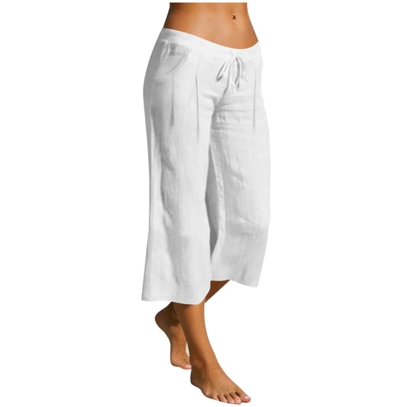 Womens Linen Capri Pants Breathable Elastic Drawstring Low Rise Loose Beach Vacation Cropped Trousers with Pockets