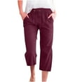 thumbnail image 1 of Womens Linen Capri Pants High Waisted Casual Pants Elastic Waist Drawstring Pants with Pockets Straight Pants, 1 of 5