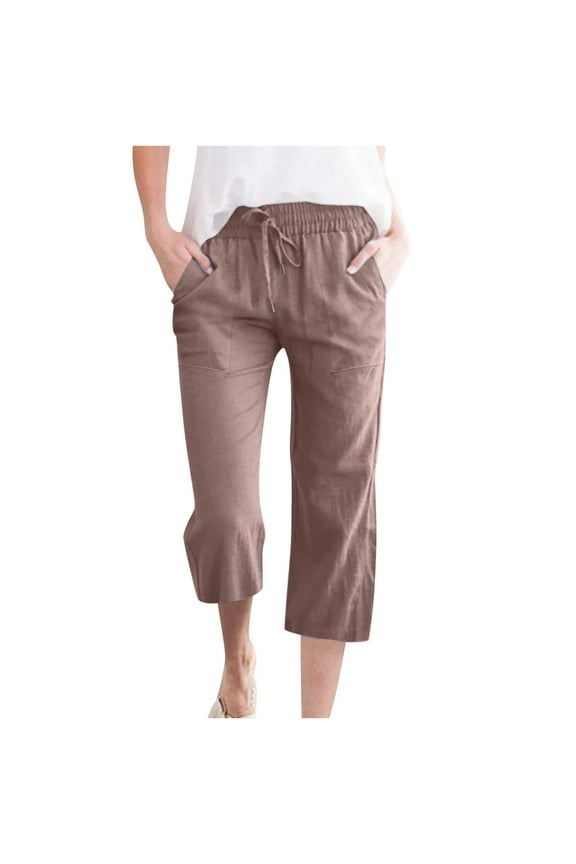 Womens Linen Capri Pants High Waisted Loose Cropped Pants with Pockets Elastic Waist Drawstring Pants Casual Straight Cropped Trousers