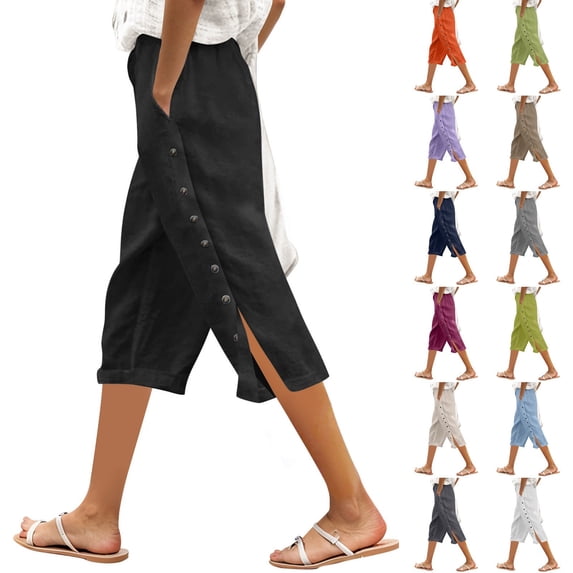 Womens Linen Capri Pants Petite - Casual Loose Fit Elastic Waist Capris with Side Buttons Comfortable Straight Leg Pants 2026 Spring Summer Light Blue, Size L