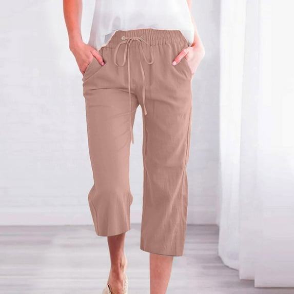Womens Linen Capri Pants with Pockets Loose Fit,Capri Pants for Women 2023 Summer Casual Capri Leggings Lightweight High Wasit Stretch Cropped Trousers with Pockets