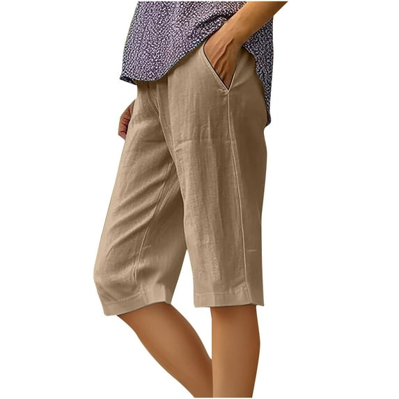 Womens Linen Capri Pants Summer Elastic Waist Cropped Pants Knee Length Lightweight Casual Shorts with Pockets Brown S
