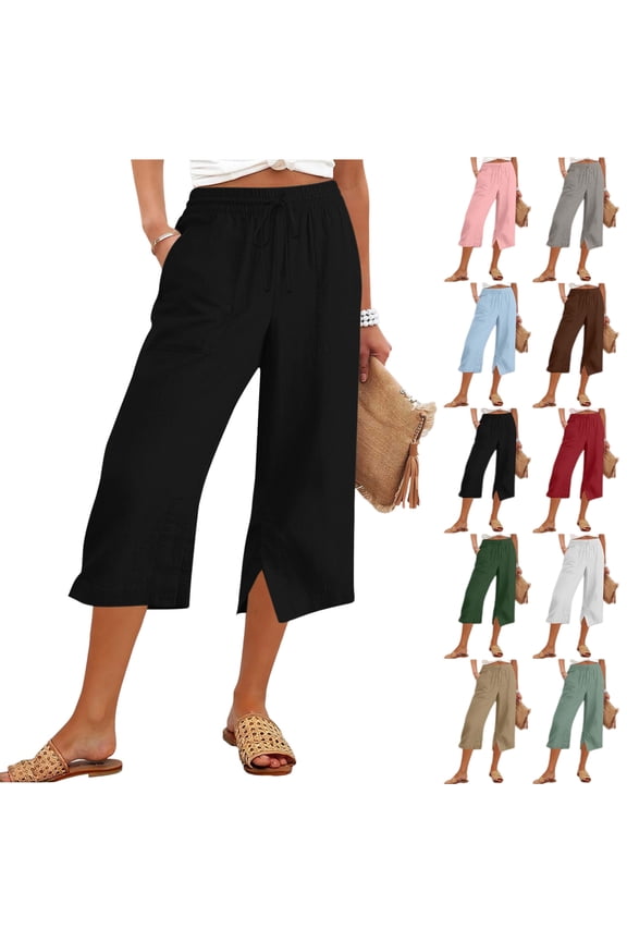 Womens Linen Capri Pants Summer Wide Leg Side Split Loose Pants With Pockets