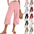 thumbnail image 1 of Womens Linen Capri Pants Summer Wide Leg Side Split Loose Pants With Pockets, 1 of 9