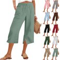 thumbnail image 1 of Womens Linen Capri Pants Summer Wide Leg Side Split Loose Pants With Pockets, 1 of 8