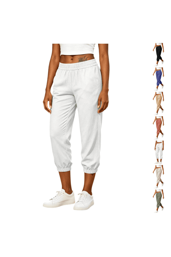 Womens Linen Capri Pants Wide Leg High Waisted Petite Pull on Casual Cropped Pants with Pockets White L