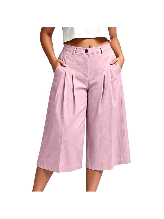 Womens Linen Capri Pants Wide Leg Palazzo Pant Cotton Dressy Casual Cropped Gaucho Culottes with Pockets