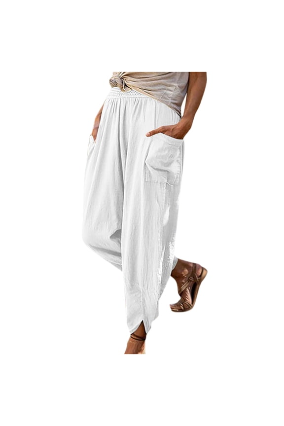 Womens Linen Capri Pants with Pockets Loose Fit,Capris Pants for Women Cotton Linen Solid Color Elastic Waist Wide Leg Cropped Trousers