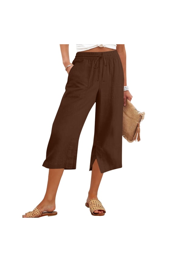 Womens Linen Capri Pants with Side Slits Pockets Drawstring Lightweight Beach Casual Summer Capris Sweatpants (L, Coffee)