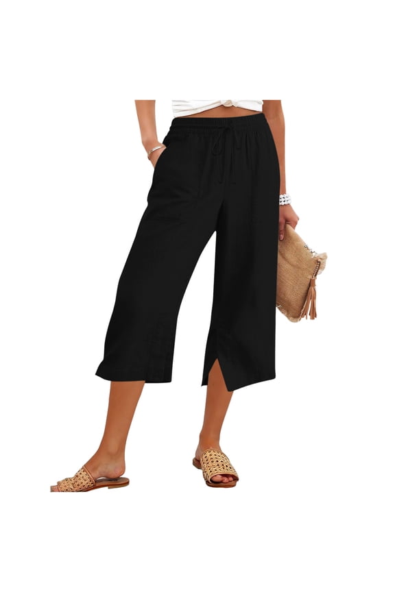 Womens Linen Capri Pants with Side Slits Pockets Drawstring Lightweight Beach Casual Summer Capris Sweatpants (XL, Black)