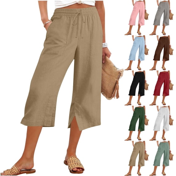 Womens Linen Capri Pants with Side Slits Pockets Drawstring Lightweight Beach Casual Summer Capris Sweatpants (XL, Khaki)