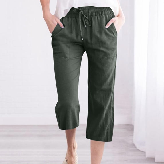 Womens Linen Capris and Cropped Pants,Capri Pants for Women Casual 2023 Summer Drawstring Elastic High Waist Linen Pant Straight Wide Leg Cropped Trouser