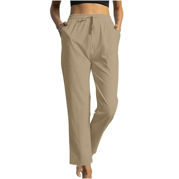 Womens Linen Capris Summer Side Button Athletic Pants Put On Strech Sweatpant High Waisted Lace-Up Elastic Waist Capri Pants Lounge Baggy Sweat-Pant with Pockets