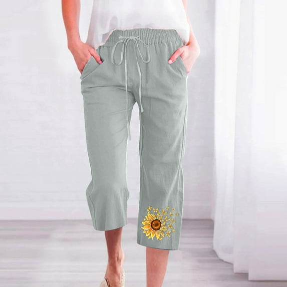 Womens Linen Capris with Pockets,Capri Pants for Women 2023 Summer Casual Capri Leggings Lightweight High Wasit Stretch Cropped Trousers with Pockets