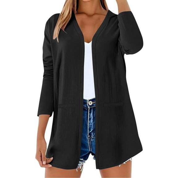 Womens Linen Cardigans Casual Long Sleeve Open Front Cardigan with Pockets Lightweight Fall Outwear Tops Casual Black, 3XL