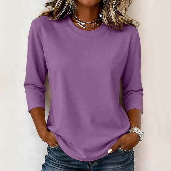 Womens Cotton Casual 3/4 Sleeve T Shirts Crew Neck Loose Fit Tops Solid Basic Tops Tees
