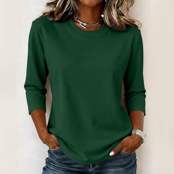 Womens Cotton Casual 3/4 Sleeve T Shirts Crew Neck Loose Fit Tops Solid Basic Tops Tees
