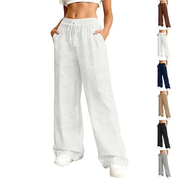 Womens Linen Casual Pants High Waisted Palazzo Drawstring Wide Leg Trousers Flowy Lounge Pants Beach Summer 2026 White S