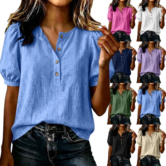 Womens Linen Cotton Blouses Summer Casual Boho Short Puff Sleeve Button Down Tops Loose Fit Gauze Tunic Henley Shirts Army Green L
