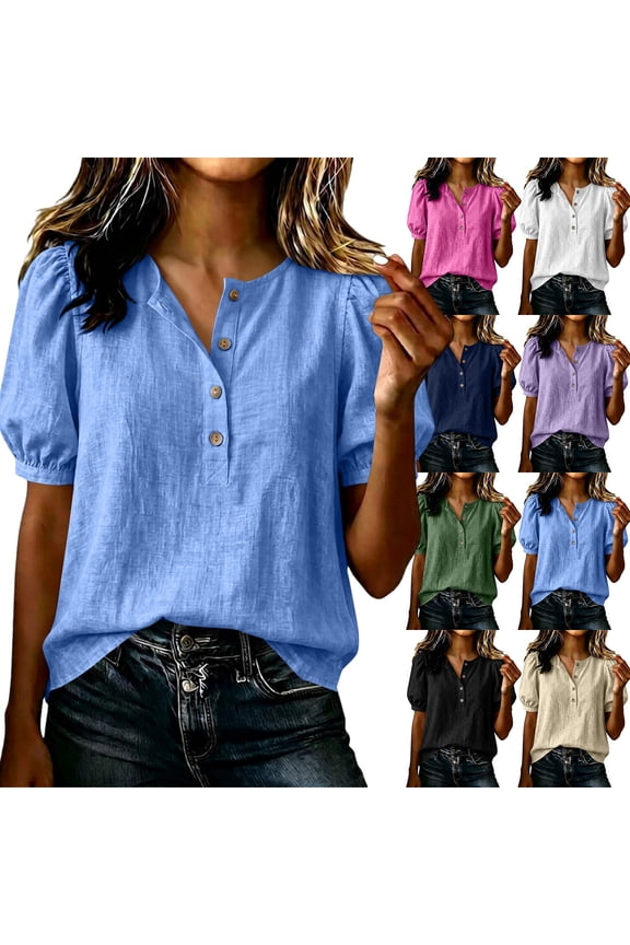 Womens Linen Cotton Blouses Summer Casual Boho Short Puff Sleeve Button Down Tops Loose Fit Gauze Tunic Henley Shirts Khaki M
