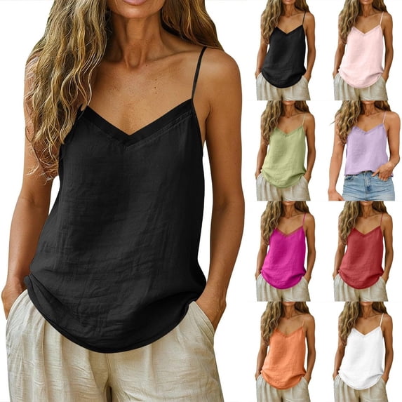 Womens Linen Cotton Camisole V Neck Adjustable Spaghetti Strap Cami Soft Summer Basic Tank Tops 18# Black 3XL