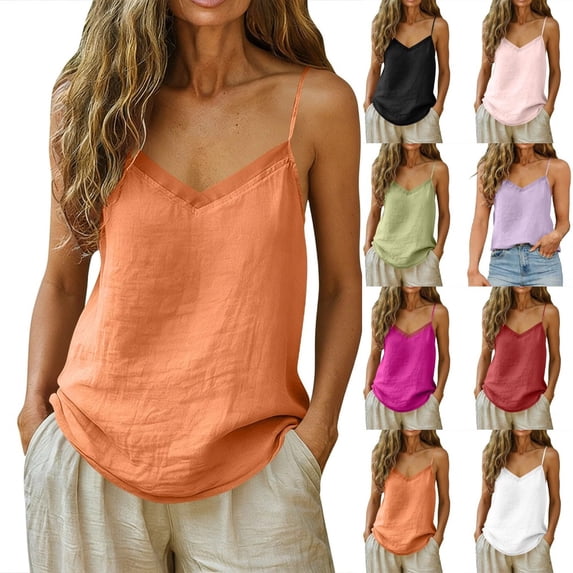 Womens Linen Cotton Camisole V Neck Adjustable Spaghetti Strap Cami Soft Summer Basic Tank Tops 18# Saffron XL