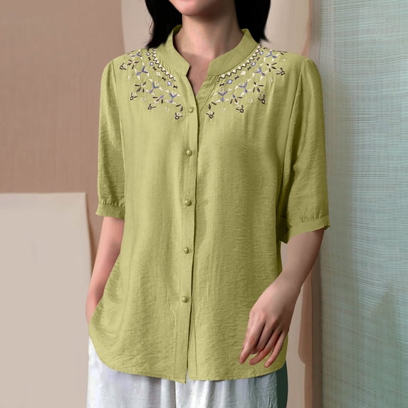 Womens Linen Cotton Shirts Vintage Embroidered Floral Tunic Blouses Plus Size 3/4 Length Sleeve Fall Fashion Trendy Casual Cute Going Out Tops for Women Dressy Casual Tops