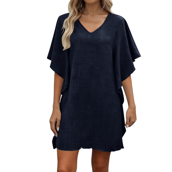 Womens Linen Coverups Dress Batwing Sleeve Beach Vacation Dress Summer Casual Going Out Dress Navy, XL