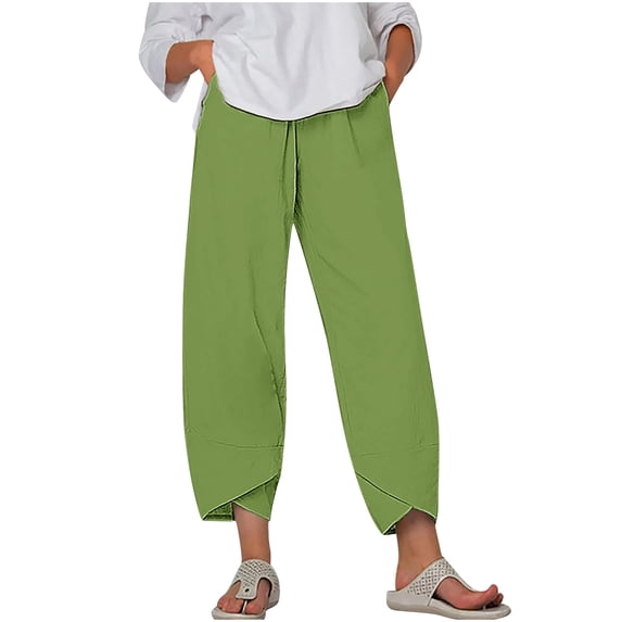Womens Linen Crop Pants with Pockets Elastic Waisted Casual Summer Beach Lounge Plus Size Pants Cross Hem Trousers (4XL, Green 01)